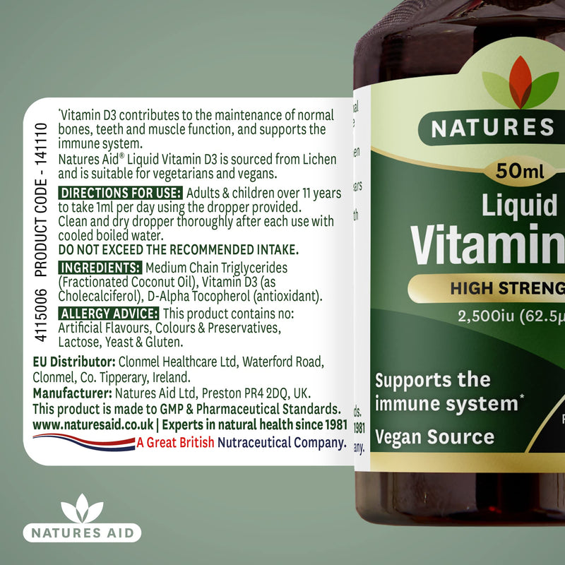 Natures Aid Vegan Vitamin D3/Cholecalciferol Liquid, 2500iu, Dropper Included, 50 ml (Pack of 1) - BeesActive Australia