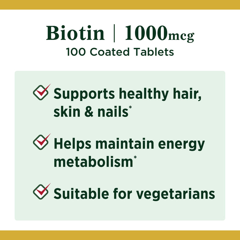 Nature’s Bounty Biotin Supplement, Supports Healthy Hair, Skin, and Nails, 1000mcg, 100 Tablets - BeesActive Australia