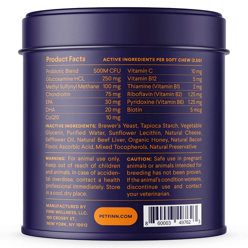 Finn All-in-1 Dog Multivitamin - Everyday Vitamin Supplement for Dogs with Probiotics, Omega-3s, Glucosamine + Chondroitin | Gut & Immune Health, Joint Support, Heart Health | 90 Soft Chew Treats - BeesActive Australia