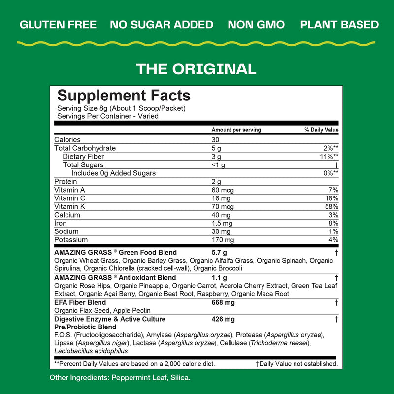 Amazing Grass Greens Blend Superfood: Super Greens Powder Smoothie Mix with Organic Spirulina, Chlorella, Beet Root Powder, Prebiotics & Probiotics, Original, 15 Servings (Packaging May Vary) 15 Servings (Pack of 1) - BeesActive Australia