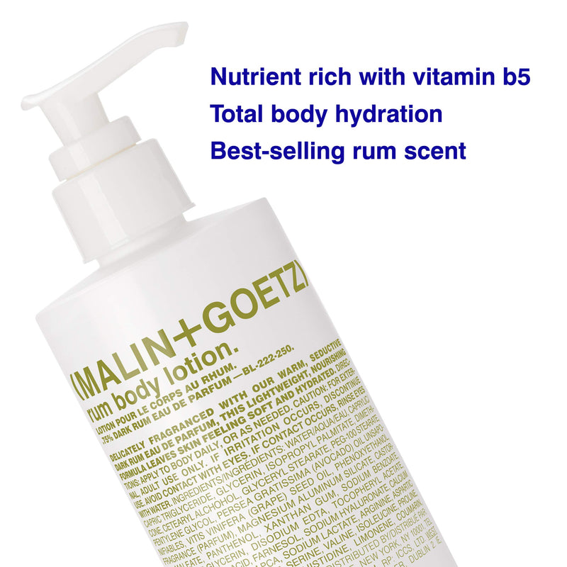 Malin + Goetz Rum Body Lotion – soothing hydrating body lotion for men and women, prevents dry skin, no stripping or irritation. Natural ingredients, cruelty-free, vegan 8.5 Fl Oz - BeesActive Australia