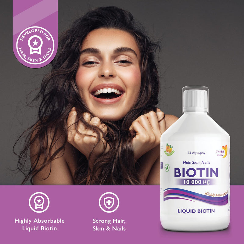 Swedish Nutra Liquid Biotin - Pack of 500ml, 33 Day Supply | Orange Flavour Biotin for Healthy Hair Clear Skin & Strong Nails | Contains Vitamin C & 100% Natural Flavour | High Absorption Rate - BeesActive Australia