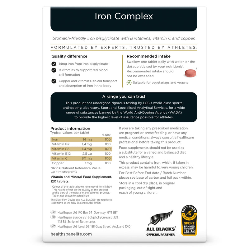 Healthspan Elite Iron Complex 14mg (4 Months� Supply) | Reduce Tiredness & Fatigue | with Copper & Vitamin C to aid Absorption | All Blacks Official Partner | Informed Sport Accredited | Vegan - BeesActive Australia
