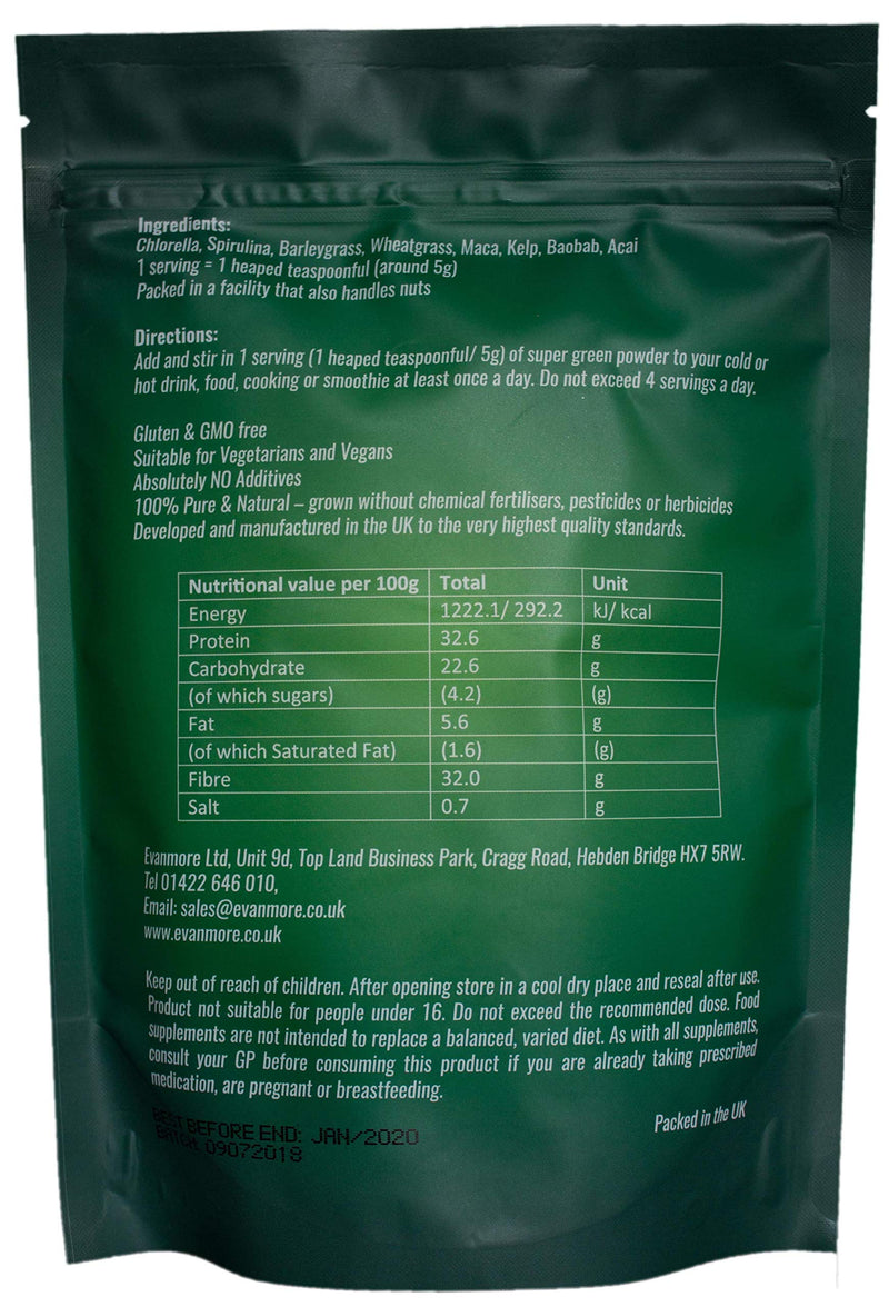 Super Greens Powder Blend - Vitamin Mineral Nutrient Rich - Immune System & Energy Boost - Vegan Vegetarian Superfoods Supplement Alkaline 100% Natural Gluten Free Detox- 250g 50 Servings, Evanmore - BeesActive Australia