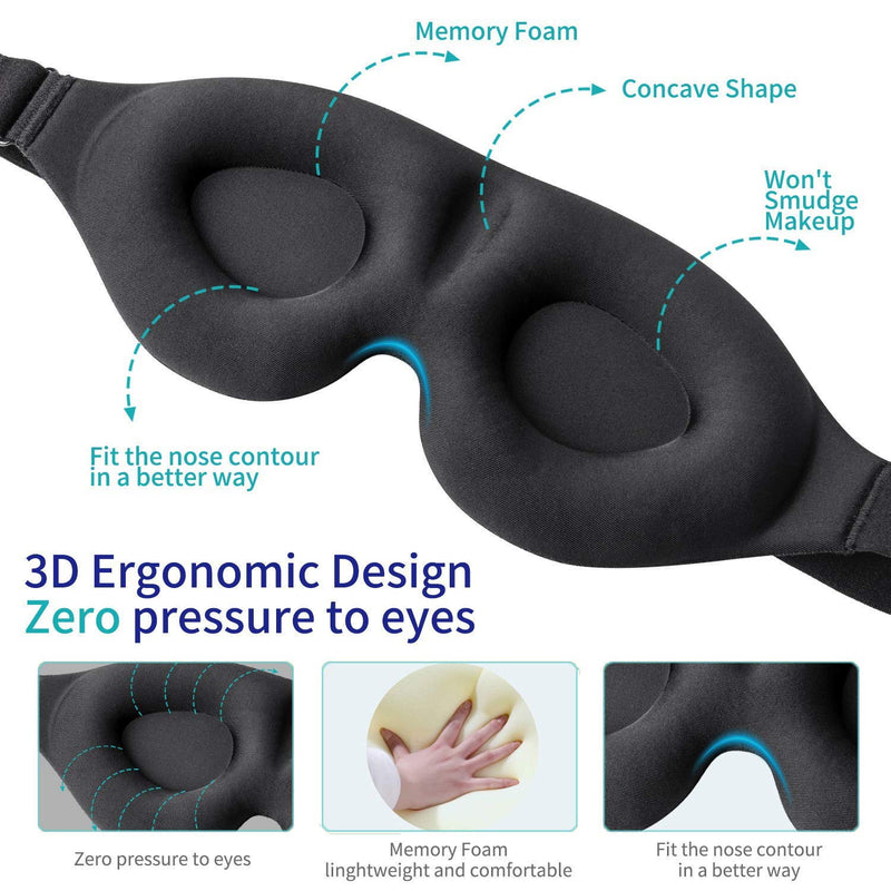 3D Sleep Mask, Sleeping Eye Mask for Women Men, Contoured Cup Night Blindfold, Luxury Light Blocking Eye Cover, Molded Eye Shade with Adjustable Strap for Travel, Nap, Meditation, Black - BeesActive Australia