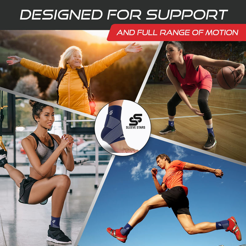 Sleeve Stars Ankle Support for Ligament Damage & Sprained Ankle, Plantar Fasciitis Support & Heel Achilles Tendonitis Pain Relief, Ankle Brace for Women & Men w/Compression Strap (Single/Navy Blue) One Size Navy Blue 1 - BeesActive Australia
