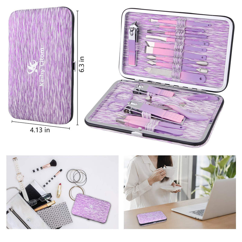 Manicure Set Professional Nail Clippers Kit -16Pcs Pedicure Care Tools Stainless Steel Women Grooming Kit for Travel or Home (Purple) Purple - BeesActive Australia