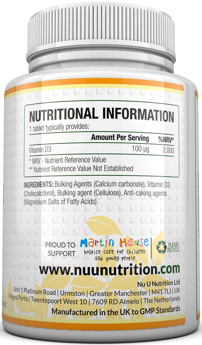 Vitamin D3 4000 IU - 400 Tablets - High Strength 100 mcg Vitamin D Tablets, Vegetarian, 13 Month Supply, Easy to Swallow Micro Tablets, Immune System, Bone and Muscle Function Support - BeesActive Australia