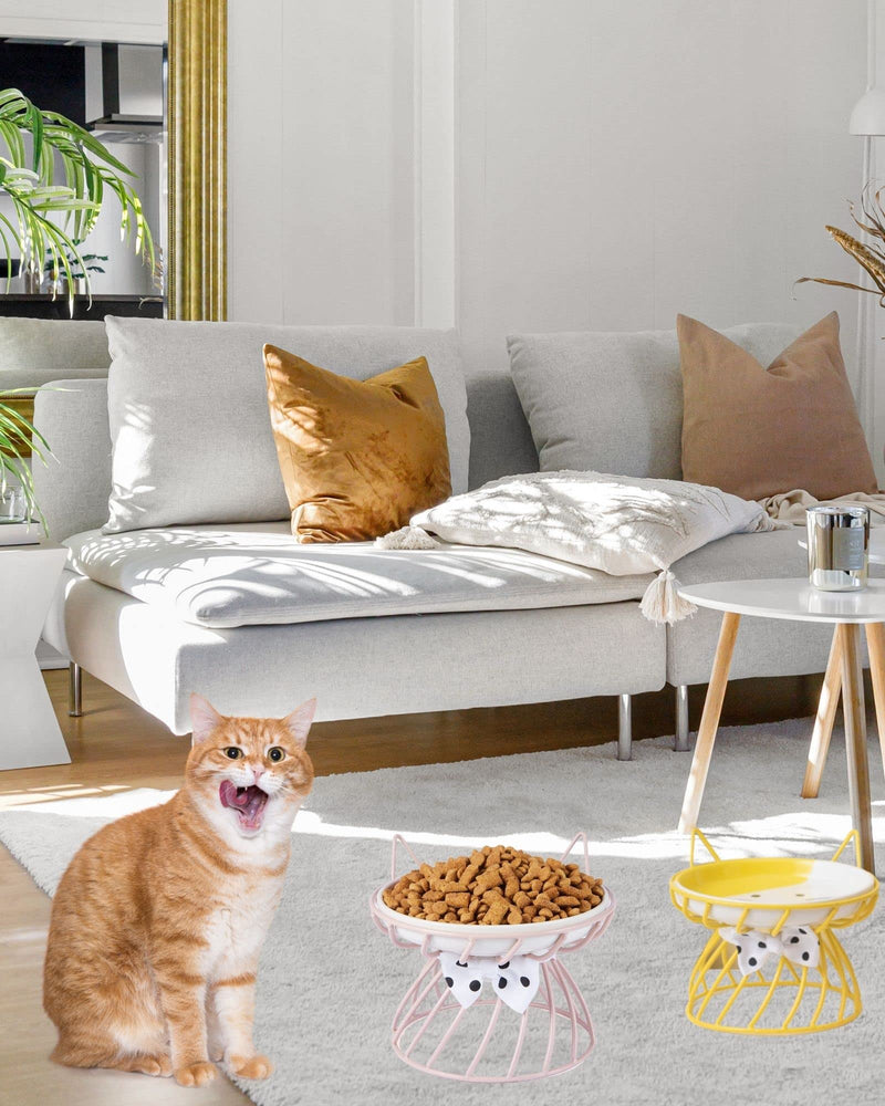 Ceramic Cat Food Bowls with Stand,Tilted Elevated Cat Bowl, Pet Food Bowl for Flat Faced Cats, Protect Pet's Spine, Dishwasher Safe… Yellow - BeesActive Australia