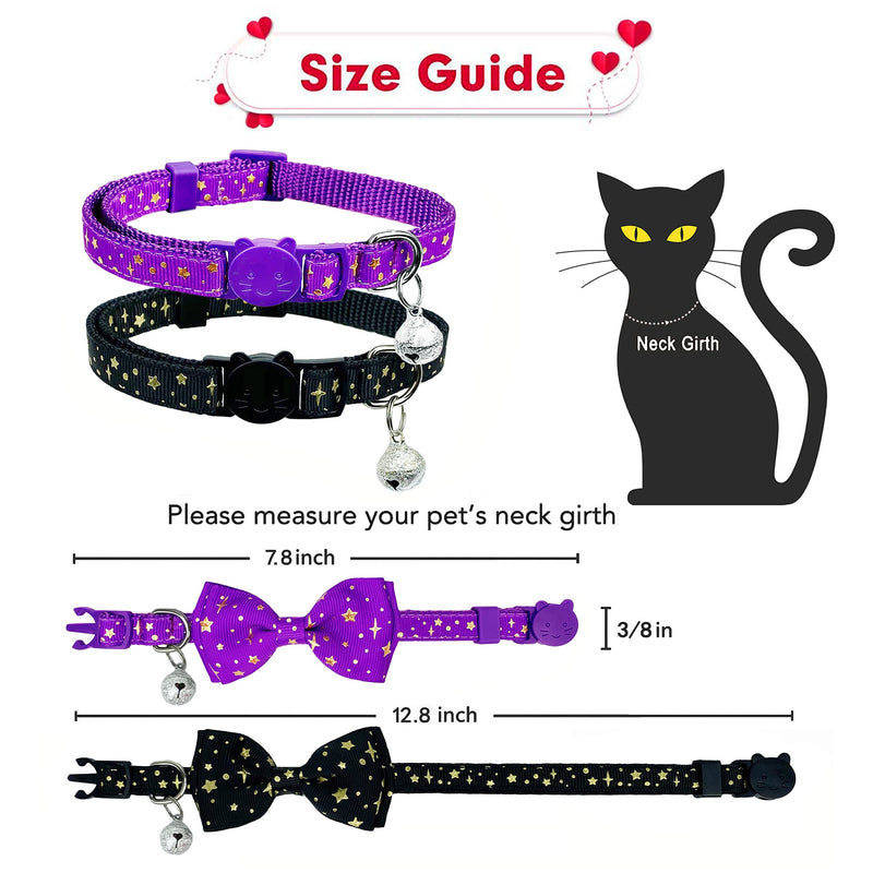 2 Pack Cat Collar with Bow Tie and Bell, Kitty Kitten Starshine Collar Breakaway Collar for Males Females Boys and Girls Cats Starshine Purple / Black - BeesActive Australia