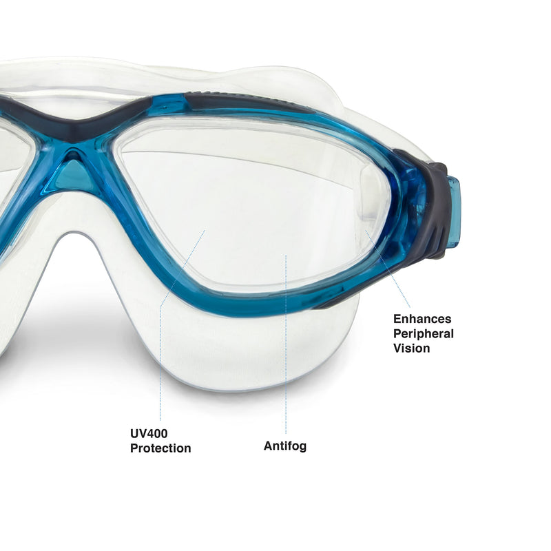 [AUSTRALIA] - Dolfino Pro Silicone Visionist Swim Mask, Italian Design, Wide Angle Viewing, Tinted Lenses, No Leaking Anti Fog UV Protection Goggles Includes Case for Adults Men Women Youth, Clear/Blue Visionist Mask + Case, Clear/Blue 