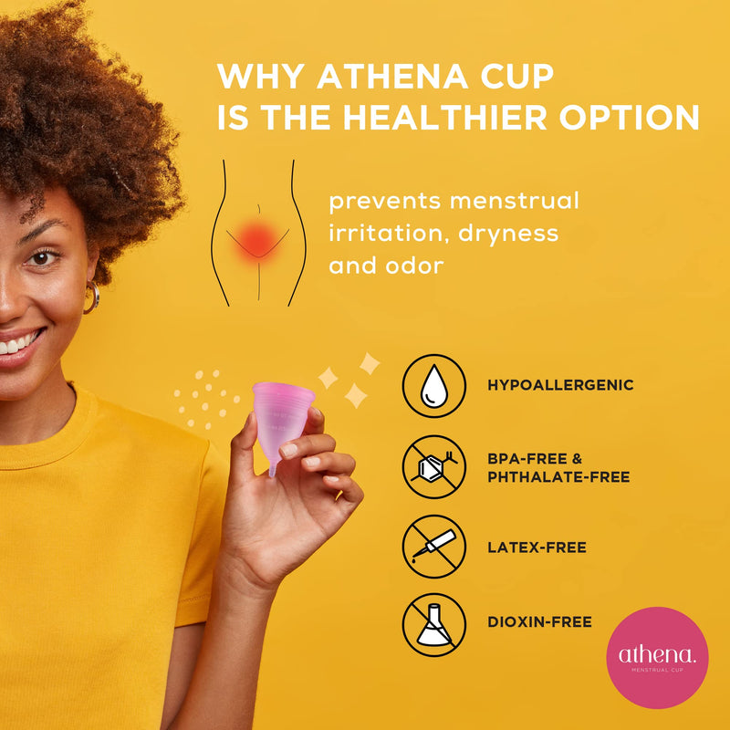 Athena Menstrual Cup One-Pack, Period Cups for Regular to Heavy Flow (Size 2 Large) - Soft Reusable Menstruation Cup - BPA Free Feminine Silicone Cup - Easy to Use and Clean Tampon and Pad Alternative (Transparent Pink) L (Pack of 1) Transparent Pink - BeesActive Australia