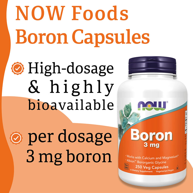 Now Foods, Boron, 3mg, 250 Vegan Capsules, Lab-Tested, Gluten Free, Soy Free, Non-GMO, Vegetarian - BeesActive Australia