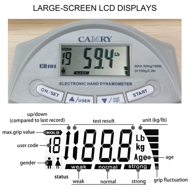 CAMRY Digital Hand Dynamometer Grip Strength Measurement Meter Auto Capturing Electronic Hand Grip Power 198 Lbs / 90 Kgs - BeesActive Australia