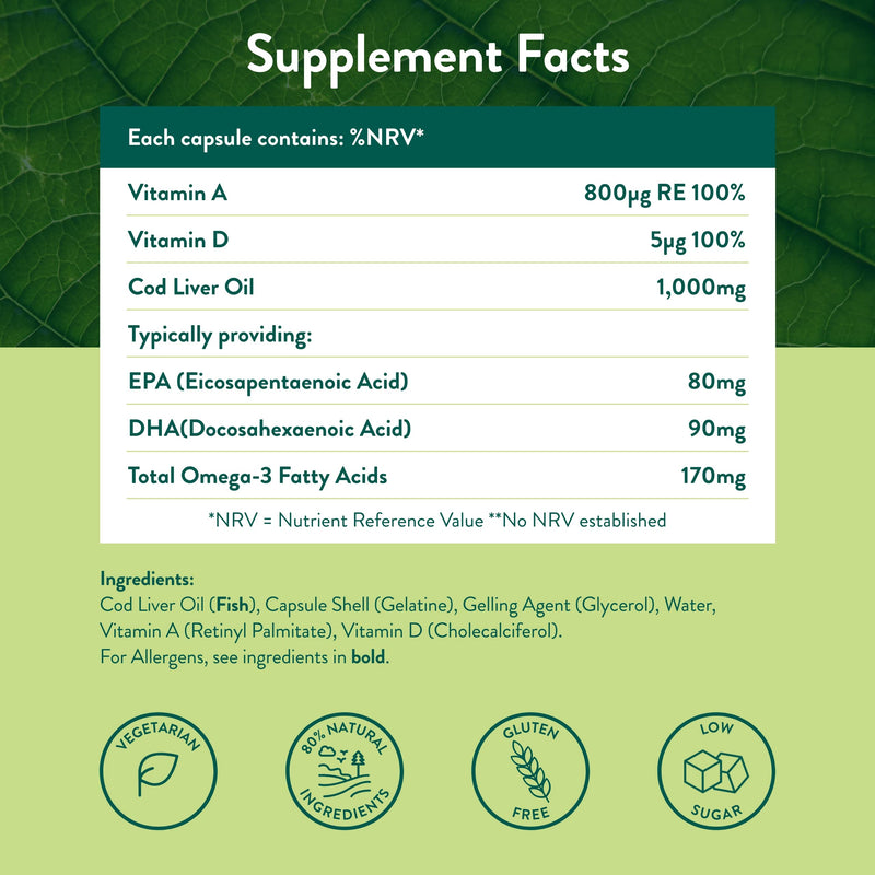 Holland & Barrett Pure Cod Liver Oil 1000mg - Natural Source of Omega-3, Vitamin A and Vitamin D - 240 Capsules 240 count (Pack of 1) - BeesActive Australia
