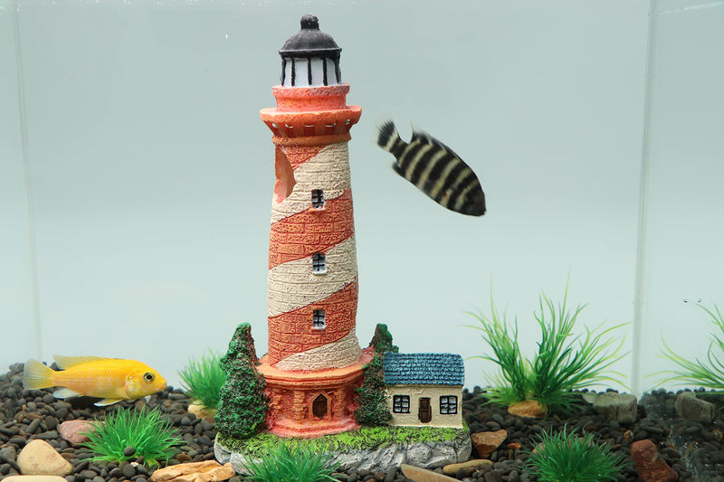 HRRIVE Aquarium Lighthouse Tower Country Style Painted Red and Beige Oblique Bands Fish Hiding Rock for Freshwater Marine Fish Tank Decoration - BeesActive Australia