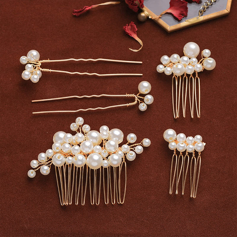 5 Pcs Bridal Pearl Hair Comb Hairpin Handmade Pearl Hair Slides Rhinestone Bridal Headpiece Hair Accessories for Women - BeesActive Australia