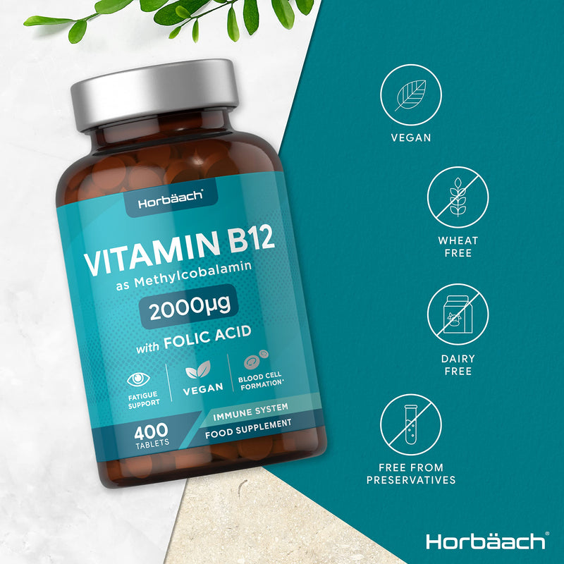 Vitamin B12 Tablets | 2000mcg | 400 Vegan Tablets | High Strength Supplement | Complex Formula with Folic Acid | by Horbaach - BeesActive Australia