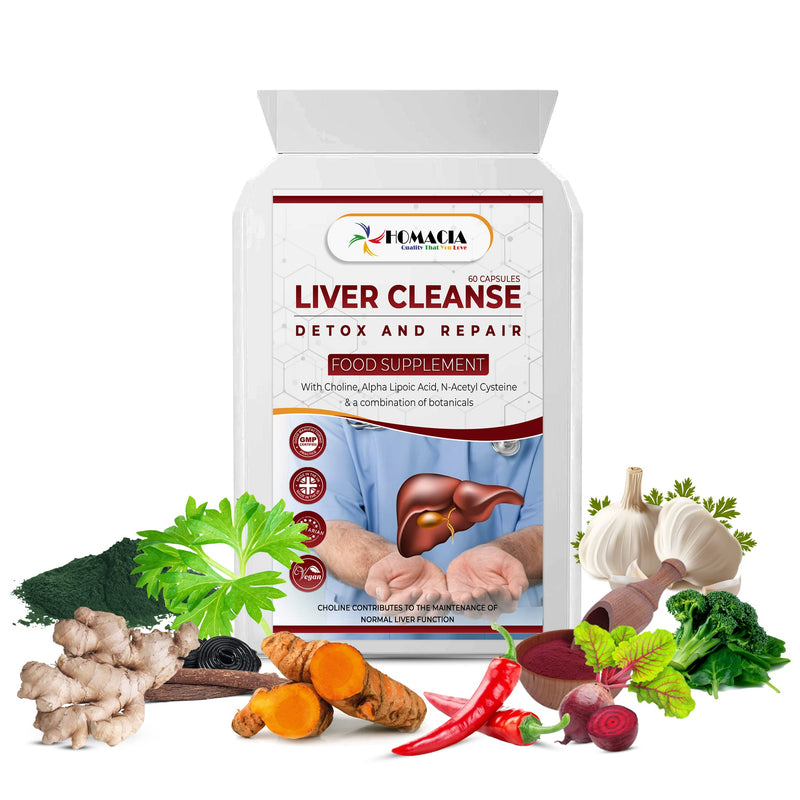 Homacia Liver Cleanse Detox and Repair Natural Supplement | Choline-Infused Natural & Vegan-Friendly | Liver Health for Women & Men | UK Made Detox Supplements - 60 Caps - BeesActive Australia