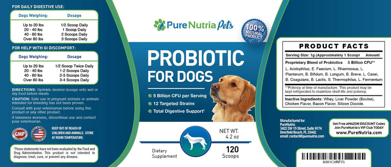 PureNutria Dog Probiotics Dog Supplements - for Dog Diarrhea, Upset Stomachs, Yeast, Gas , Dog Allergy and Dog Immune System Support - Made in USA - 12 Targeted Strains 5 Billion CFU - 120 Scoops - BeesActive Australia