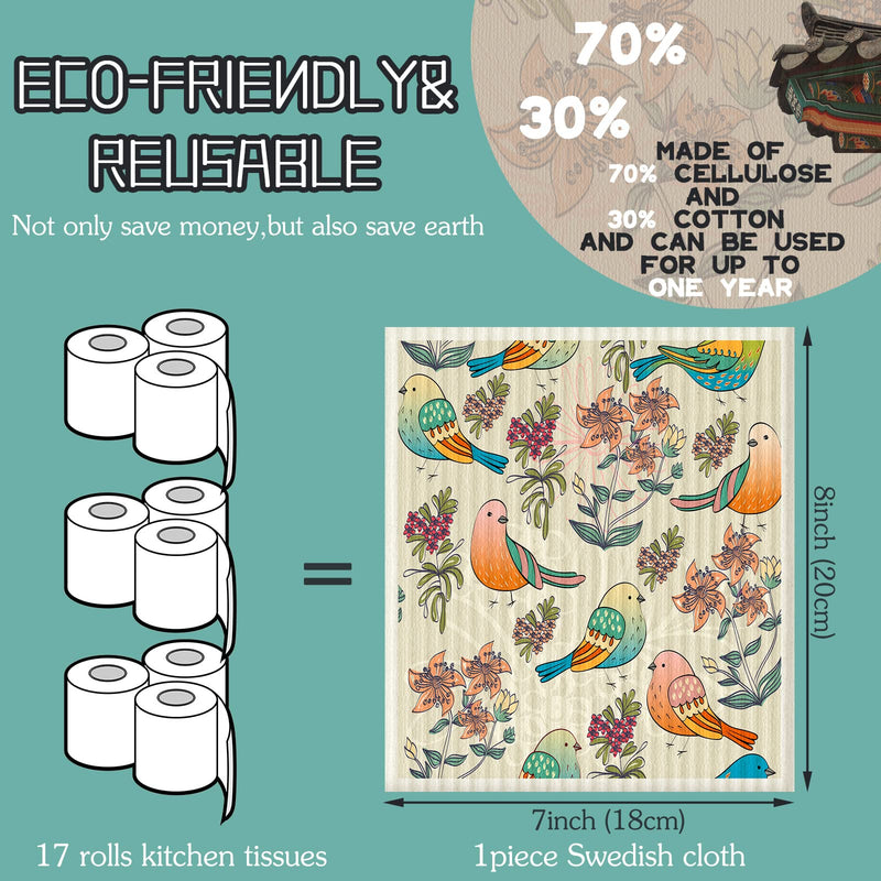 6 Pcs Swedish Dish Cloths Kitchen Towels Reusable Sponge Cleaning Wipes Absorbent Quick Drying Washable Decorative Tea Towels No Odor Bar Hand Towel (Bird) Bird - BeesActive Australia