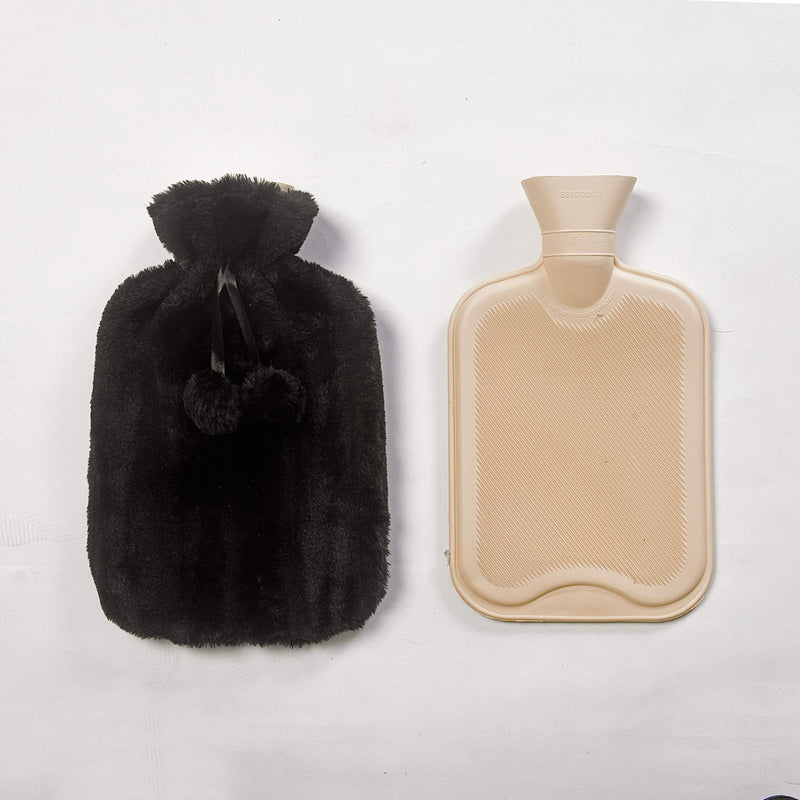 Zimel Homes- Premium Soft Fleece Faux Cover with Hot Water Bottle-2litre -Easily Removable Cover- Hot Water Bag for Pain Relief, Neck and Shoulders, Feet Warmer (Faux Fur Black) Faux Fur Black - BeesActive Australia