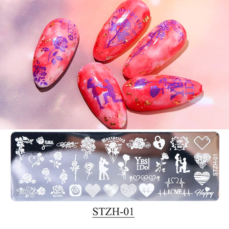 Nail Stamping Plates Set 5 PCS Nail Plates+1 Stamper+1 Scraper,Love Heart Rose Cat Bird Birdcage Flower Leaf Nail Design Kit For Acrylic Nail Supplies,DIY Template Image Stencil Tool Nail Decoration - BeesActive Australia