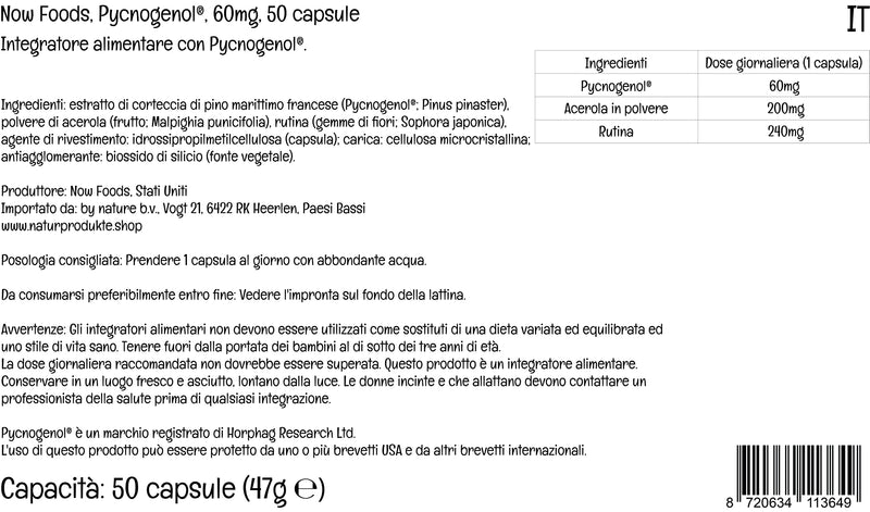 Now Foods, Pycnogenol, 60mg, 50 Vegan Capsules, Lab-Tested, Soy Free, Gluten Free, Vegetarian - BeesActive Australia