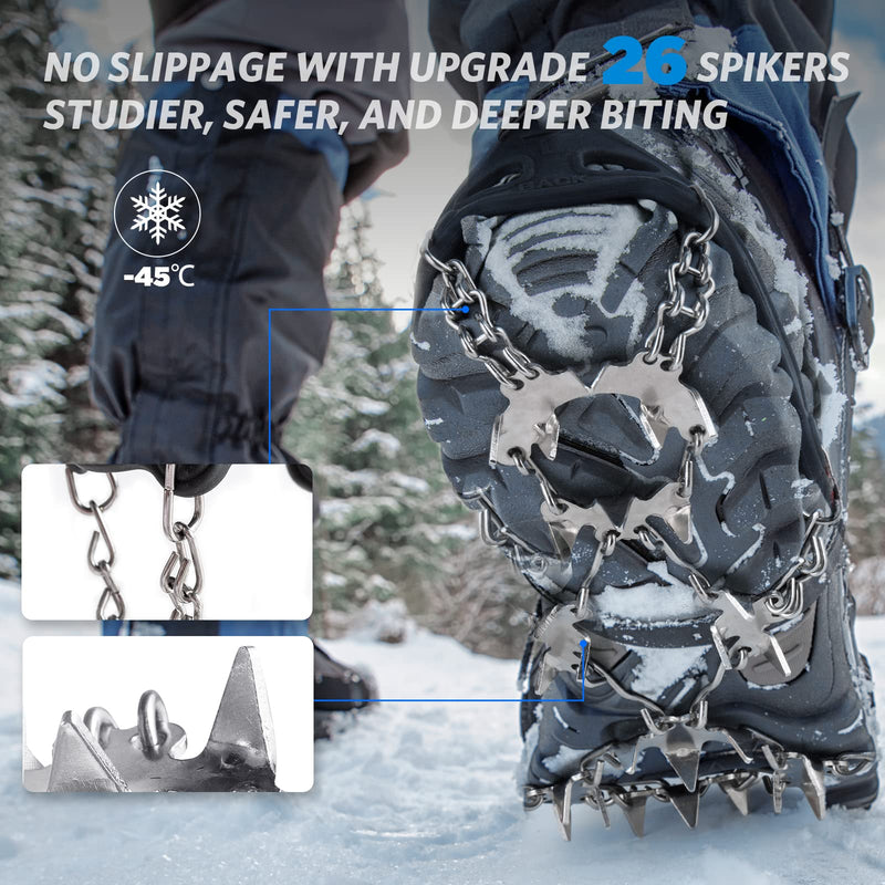 Upgraded 26 Spikes Crampons Ice Cleats for Shoes and Boots, Non Slip Shoe Ice & Snow Grips for Men and Women Safe Protect for Winter Hiking, Walking, Ice Fishing, Climbing, and Jogging X-Large - BeesActive Australia