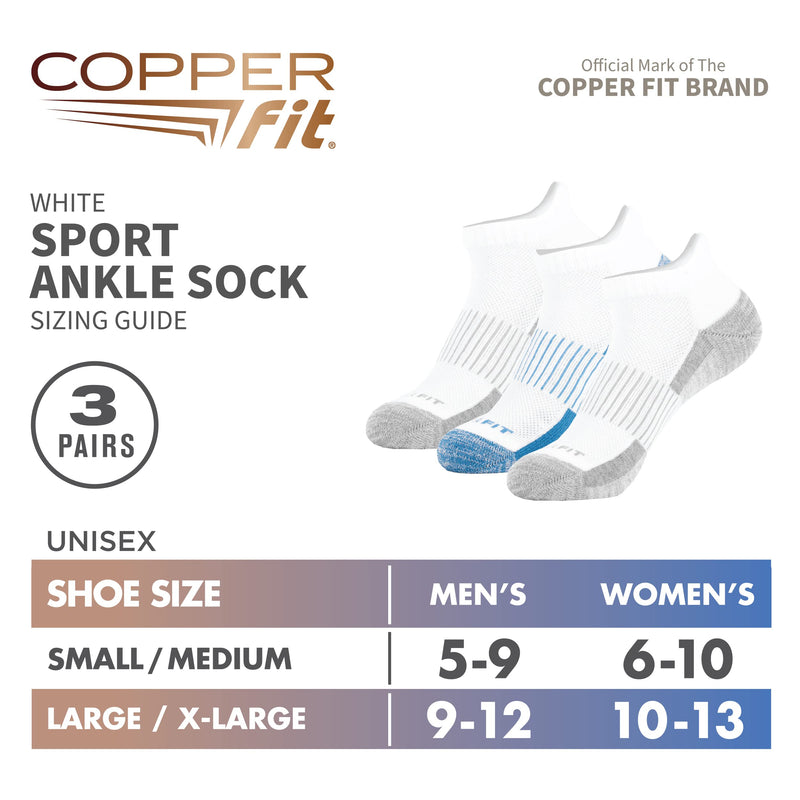 Copper Fit Ankle Length Sport Socks, 3 Pair Large-X-Large White - BeesActive Australia