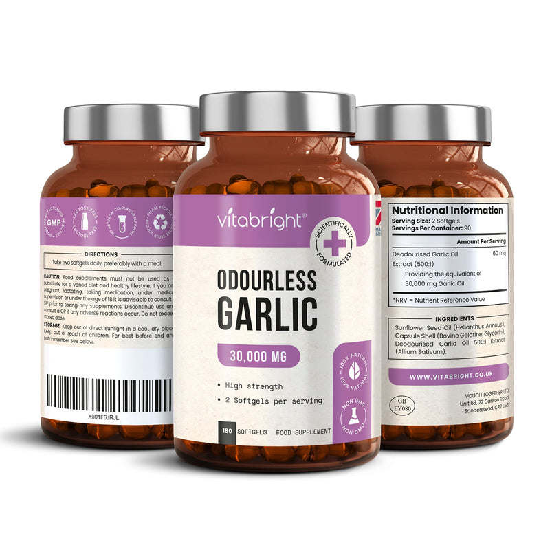 Odourless Garlic Capsules - High Strength 30,000mg - 180 Deodourised Garlic Oil Softgels � High in Allicin Garlic Supplement - 100% Natural Cold Pressed Garlic Tablets � Immune Support - Made in UK - BeesActive Australia