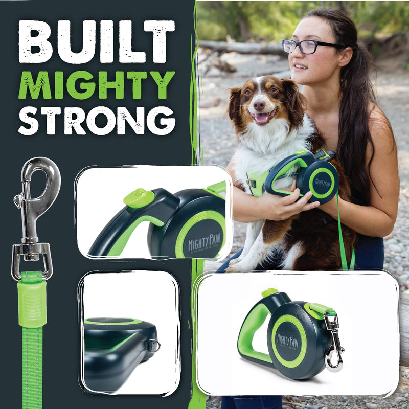 Mighty Paw Retractable Dog Leash 2.0 | 16’ Heavy Duty Reflective Nylon Tape Lead for Pets Up to 110 lbs. Tangle Free Design W/ One Touch Quick-Lock Braking System & Anti-Slip Handle Standard Green - BeesActive Australia