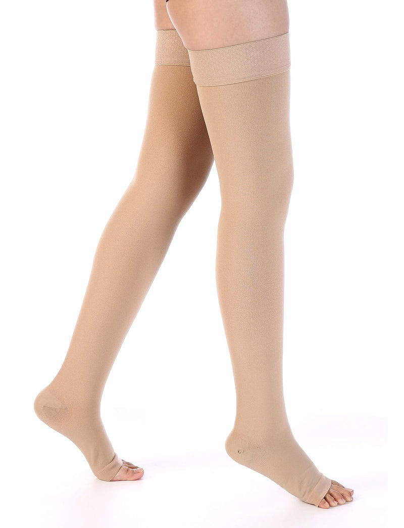 Leotruny Women Men 20-30 mmHg Support Open Toe Thigh High Compression Stockings C01-beige Small (1 Pair) - BeesActive Australia