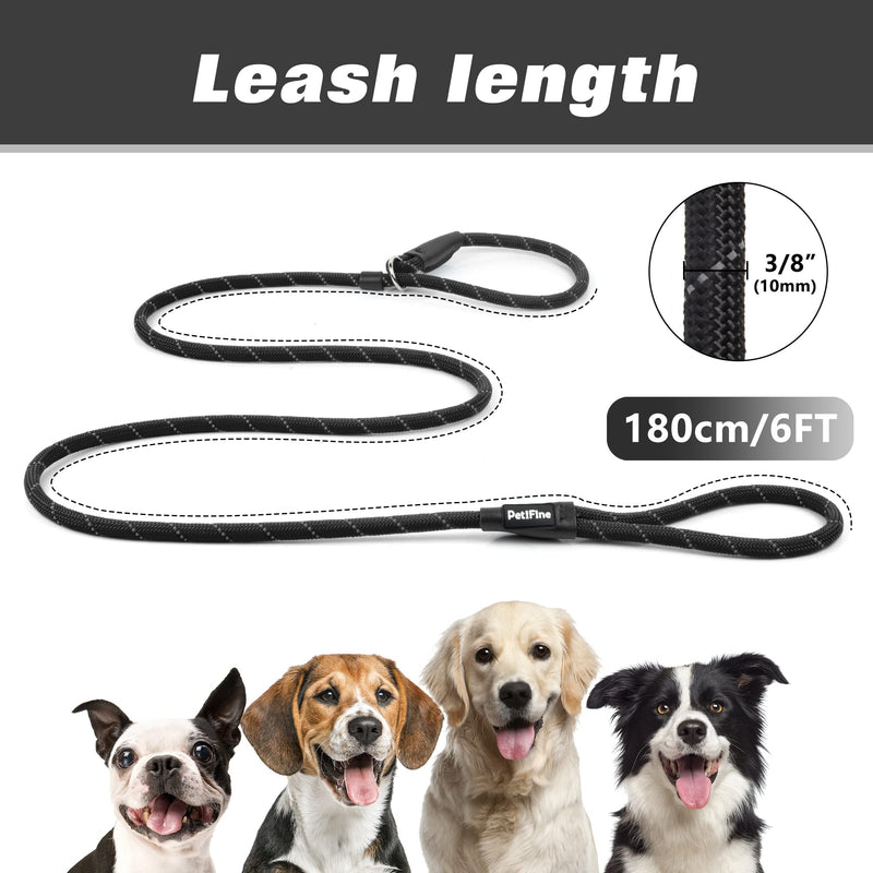 PetiFine 6 FT Slip Lead Dog Leash, Full Reflective Dog Training Leash, Heavy Duty Adjustable Pet Nylon Slip Rope Lead for Small Medium Large Dogs 3/8" x 6 FT Black - BeesActive Australia