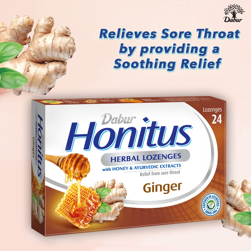 Dabur Honitus Herbal Lozenges | Effective Relief from Cough & Sore Throat Pain | Ginger Flavor - 24 Lozenges - BeesActive Australia