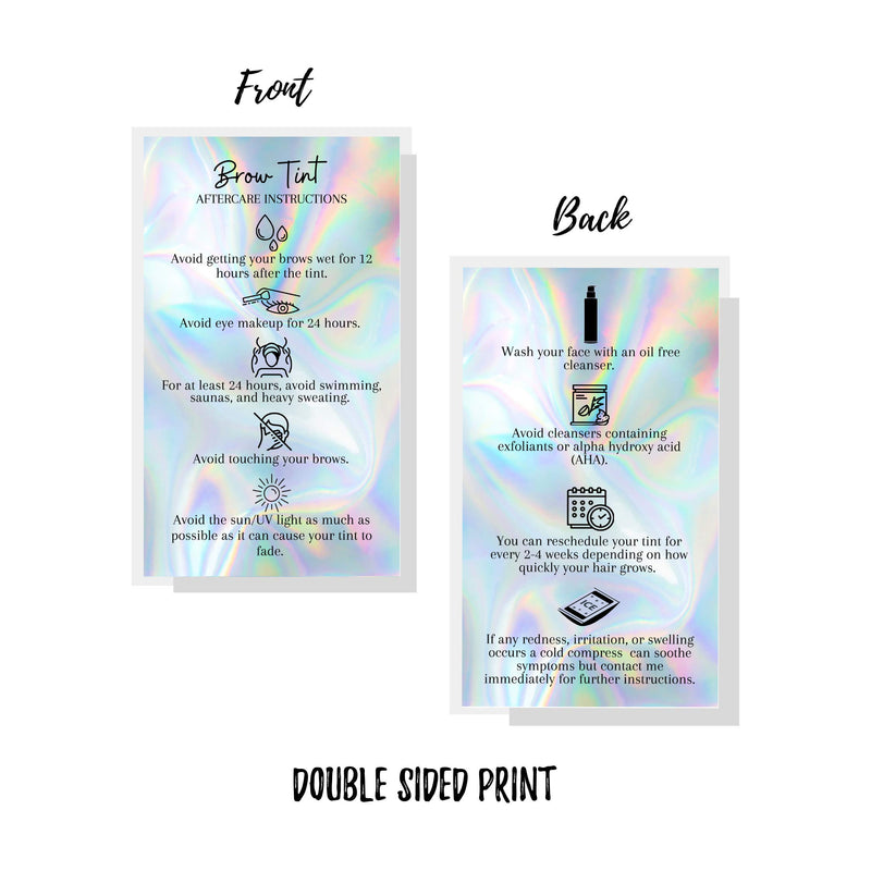 Brow Tint Aftercare Instruction Cards | 50 Pack | 2x3.5” inches Business Card Size | Brow Tint Henna |Snatched Brows Non Reflective Matte Holographic Look Design (Holographic) - BeesActive Australia