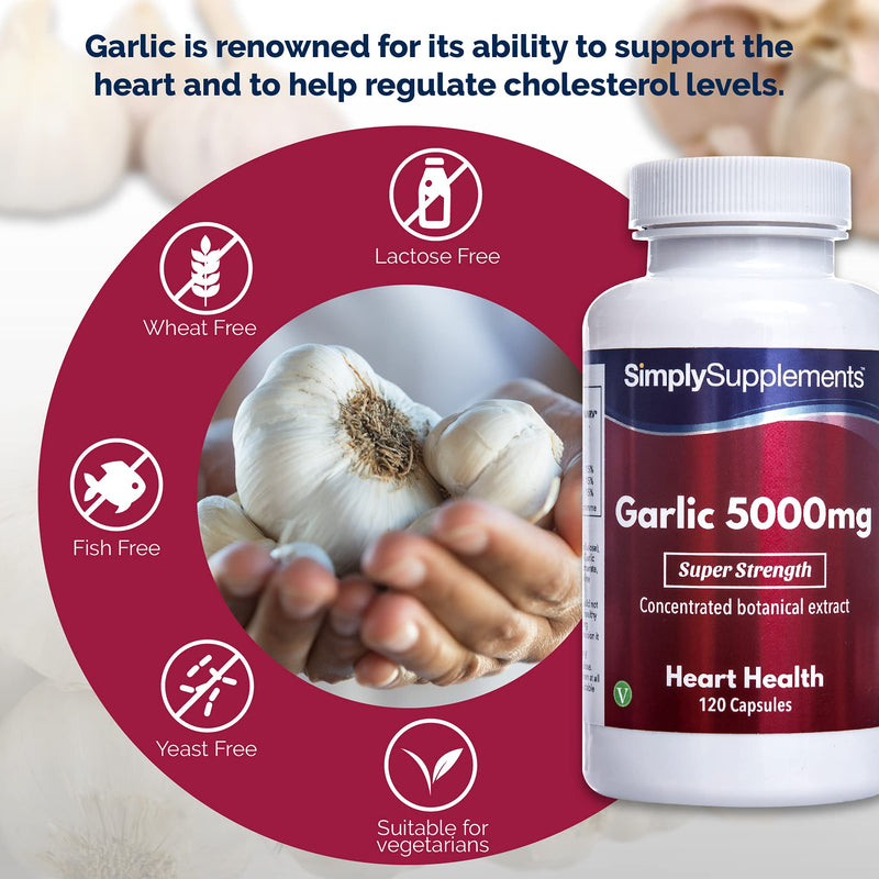 Garlic Capsules 5000mg | Vegan & Vegetarian Friendly | 120 Capsules = Up to 4 Month Supply | High Strength Odourless Garlic Supplement for Healthy Heart & Circulation | Manufactured in The UK 120 Count (Pack of 1) - BeesActive Australia