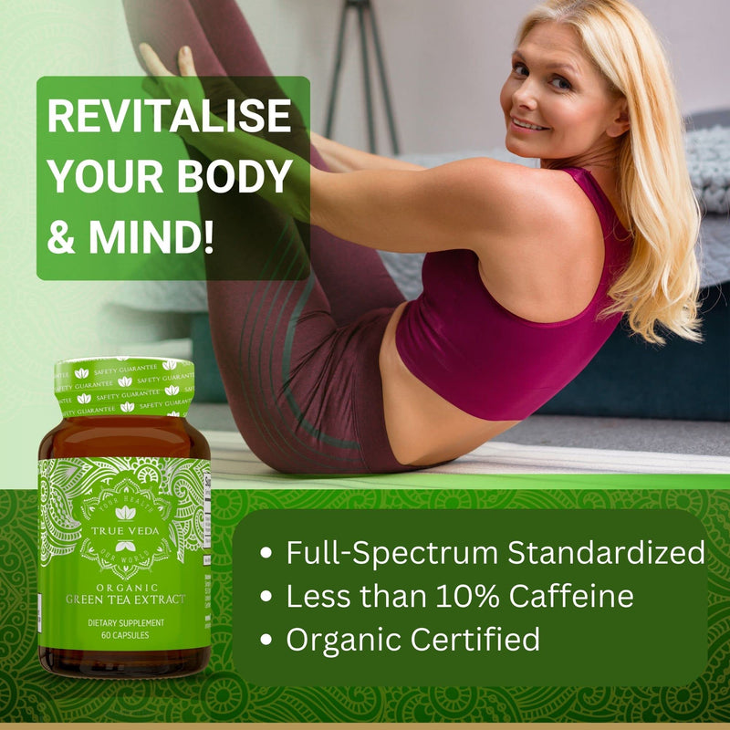 Organic Green Tea Extract Capsules - Certified Organic by Soil Association | 100% Natural Supplement | Natural Low Caffeine Source | Vegan | Ayurveda | 60 Easy Swallow Green Tea Tablets | Made in UK 60 Count (Pack of 1) - BeesActive Australia