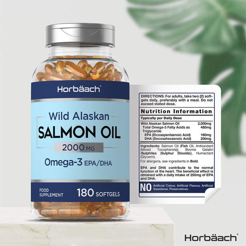 Salmon Oil 2000mg | 180 Softgel Capsules | Omega 3 Fish Supplement for Humans | with EPA/DHA Fatty Acids | Wild Alaskan | by Horbaach - BeesActive Australia