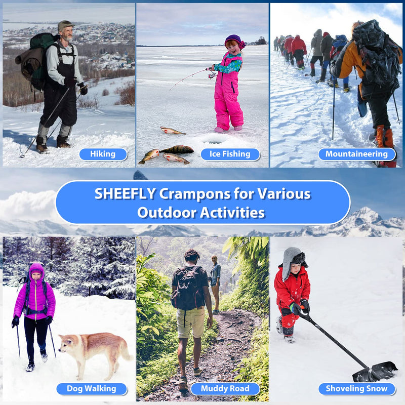 SHEEFLY Crampons Ice Cleats Traction,19 Spikes Snow Grips Ice Grippers Traction Anti-Slip Stainless Steel Spikes for Shoes and Boot，Microspikes for Running,Hiking，Climbing,Fishing,Running Black Large(US:8-11) - BeesActive Australia