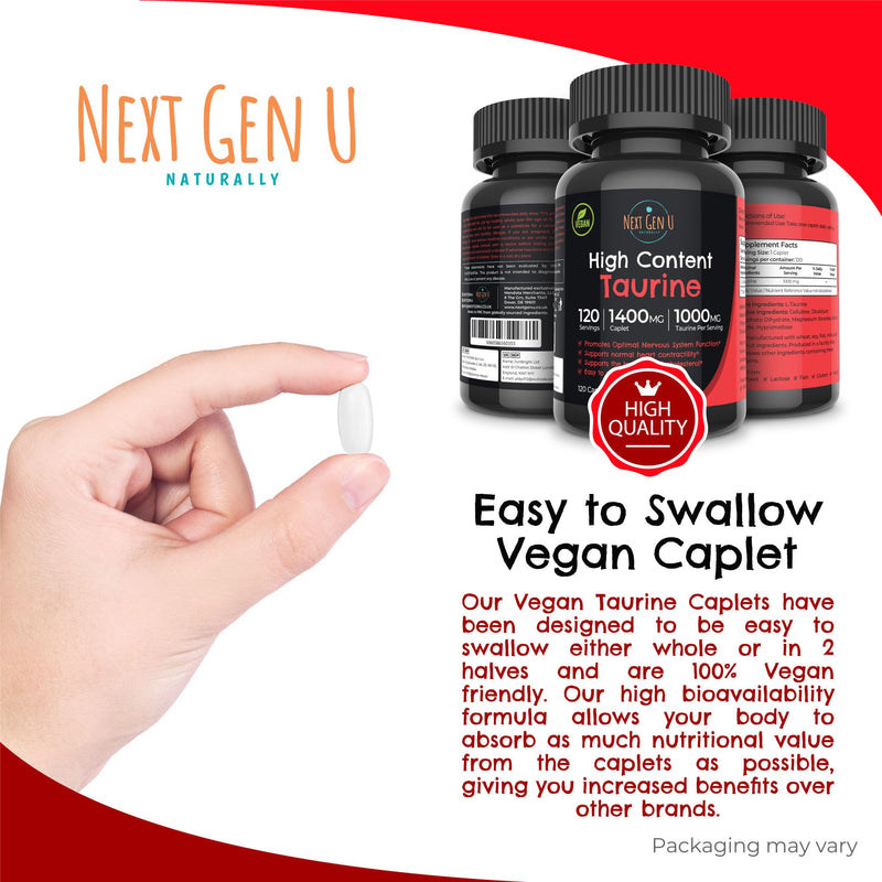 Taurine 1000 mg Food Supplement 120 Vegan Caplets, Dietary Health Supplement Helps Promote Immune & Central Nervous System Functions by Next Gen U - BeesActive Australia