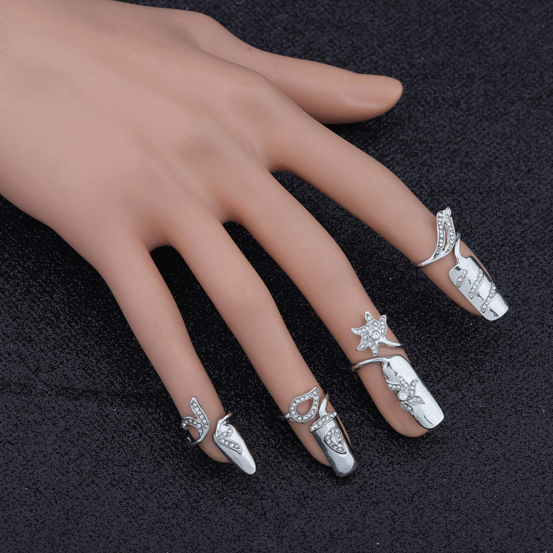 bobauna 4 PCS Fingernail Rings Rhinestone Nail Cap Cover Ring Nail Art Charm Finger Decoration Rings for Women Girls 4 fingernail rings2 - BeesActive Australia
