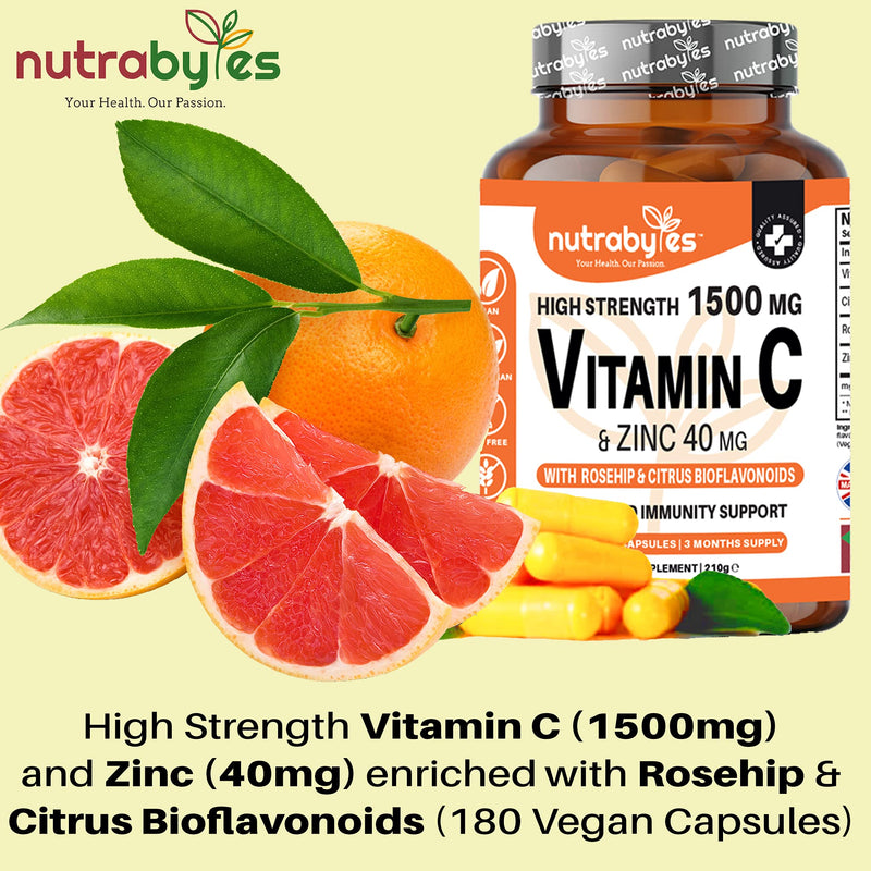High Strength Vitamin C and Zinc Capsules | Vitamin C 1500mg and Zinc 40mg | Enhanced with Rosehip and Citrus Bioflavonoids | for Maintenance of Normal Immune System | 180 Vegan Capsules | Made in UK 180 Count (Pack of 1) - BeesActive Australia