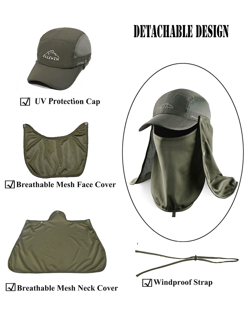 ELLEWIN Fishing Hat Sun Cap UPF 50+ Outdoor Hiking Hat with Removable Mesh Face Neck Flap Cover Windproof Strap… Army Green - BeesActive Australia