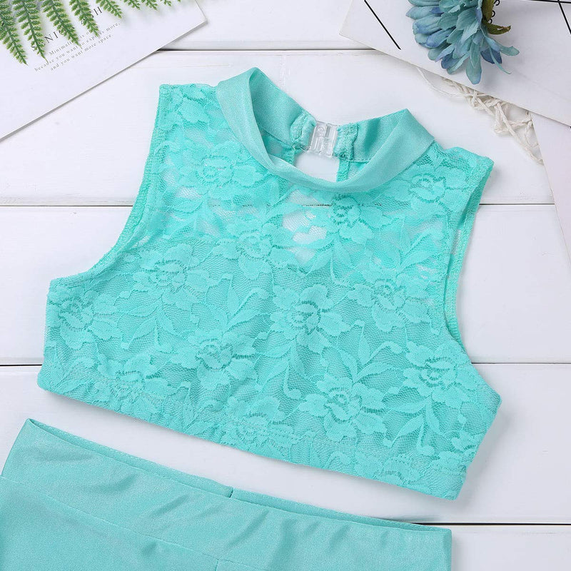 [AUSTRALIA] - Freebily 2PCS Girls Tankini Dance Dress Outfit Floral Lace Crop Top with Booty Shorts Sports Gymnastic Ballet Costume Mint_green 10 