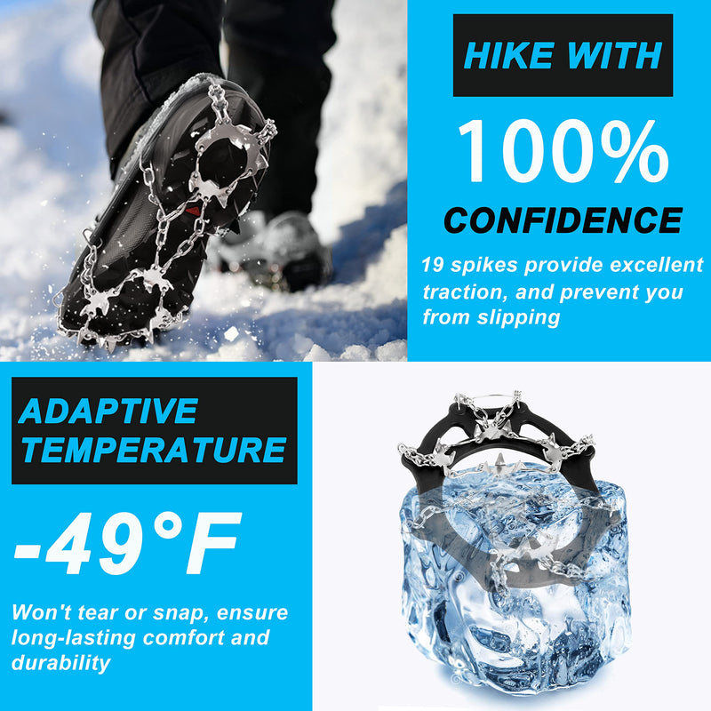 AGOOL Crampons Ice Cleats Walk Traction for Shoes and Boots 19 Anti-Slip Spikes Stainless Steel Snow Cleats Safe Protect for Hiking Fishing Walking Mountaineering On Ice and Snow Black X-Large - BeesActive Australia