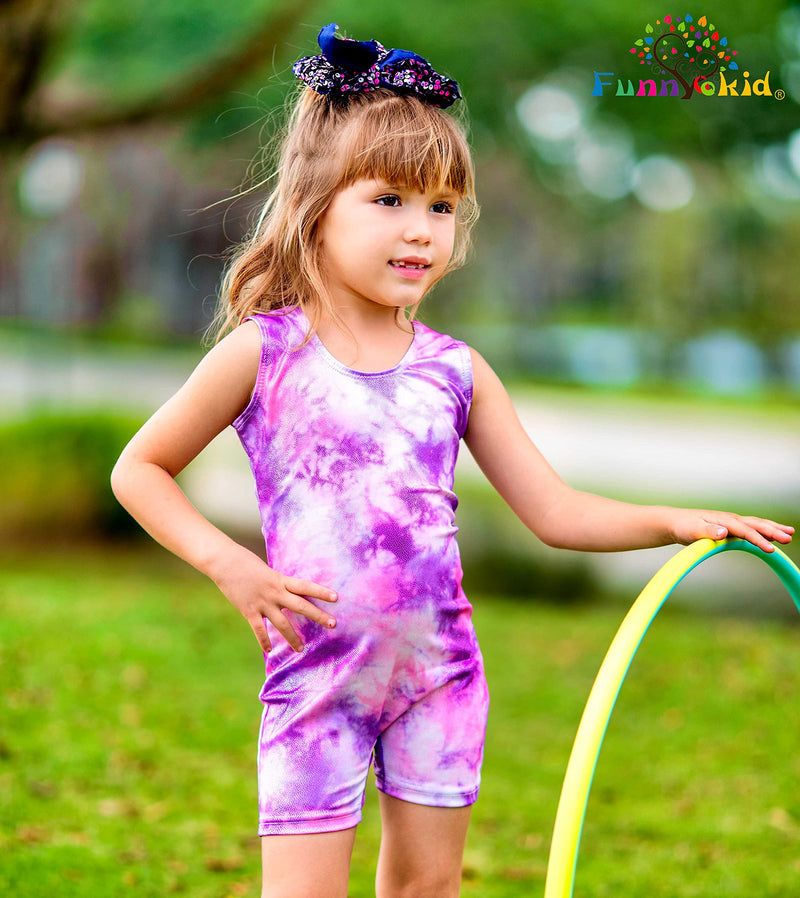 Funnycokid Girls Gymnastics Leotards with Shorts Sparkle Dance Unitards Mermaid Active Biketards 2-10 Years Purple Tie Dye 5-6 Years - BeesActive Australia