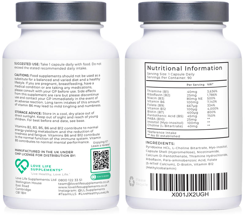 Vitamin B Complex High Strength | 90 Capsules - 90 Day Supply | All 8 B Vitamins B1-B2-B3-B5-B6-B7-B9-B12, Inositol and Choline | Love Life Supplements - BeesActive Australia