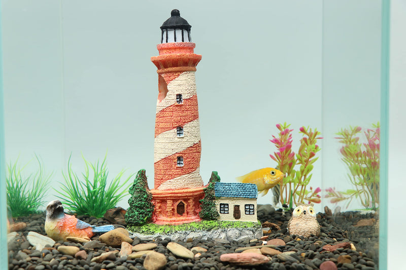 HRRIVE Aquarium Lighthouse Tower Country Style Painted Red and Beige Oblique Bands Fish Hiding Rock for Freshwater Marine Fish Tank Decoration - BeesActive Australia