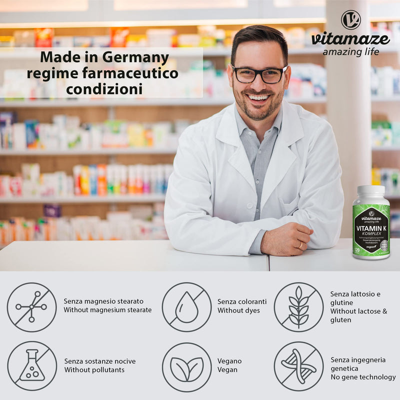 Vitamin K Complex K1 and K2 Menaquinone - High Strength (K1 1.000 mcg MK4 + K2 200 mcg MK7) - 120 Vegan Capsules for 4 Months - Best Bioavailability Supplement - Without Additives- Vitamaze Vitamin K Complex - BeesActive Australia